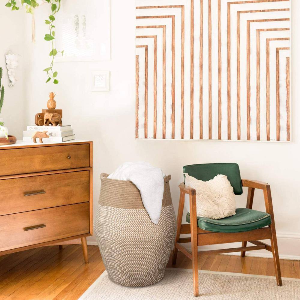 None 19.3 in. W x 19.3 in. D x 25.6 in. H Jute Laundry Basket Hamper White and Jute