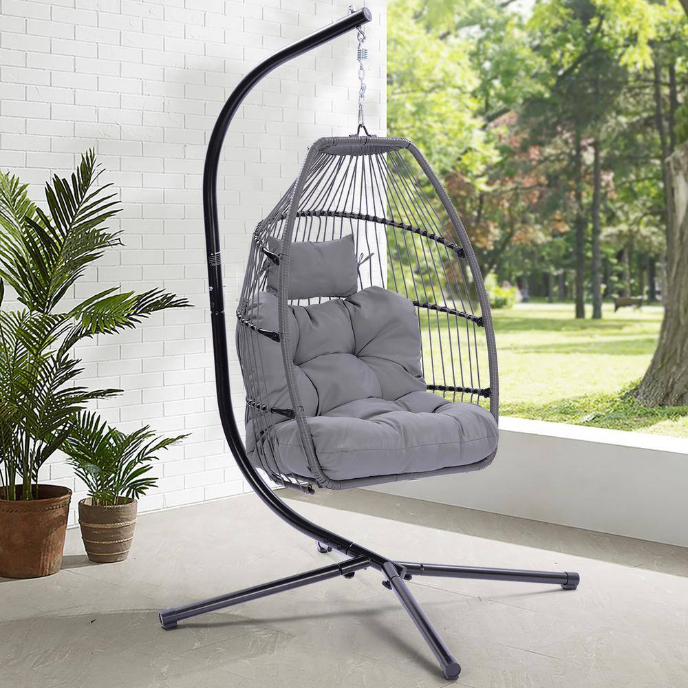None 6.3 ft. Patio Wicker Rattan Swing Hammock Egg Chair With Cushion and Pillow in Gray