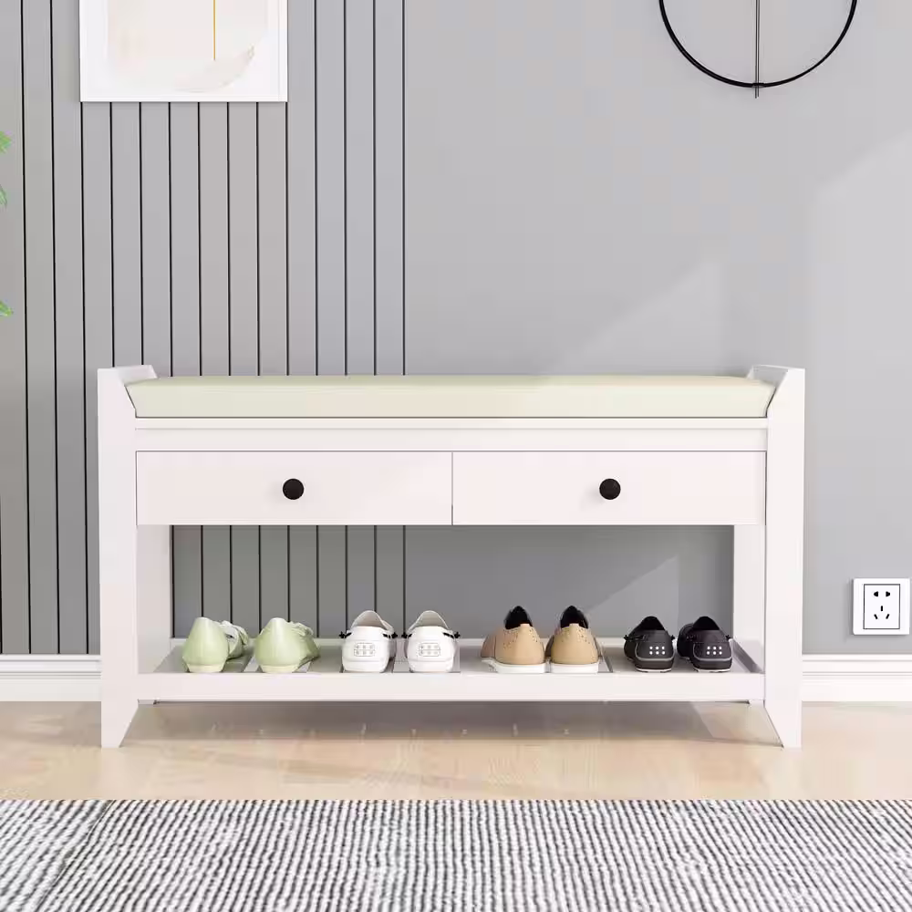 wetiny White Shoe Rack with Cushioned Seat and Drawers Multipurpose Entryway Storage Bench 20 in. x 14 in. x 39 in.