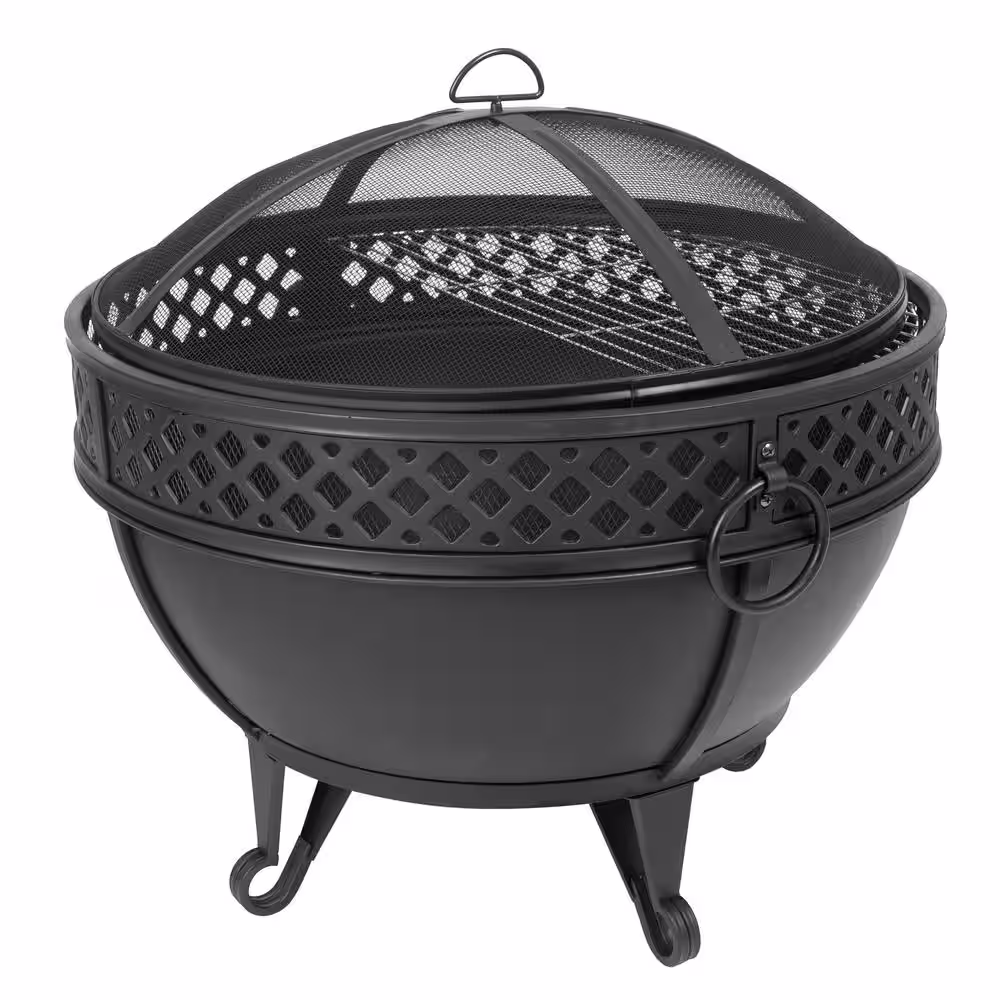 Pleasant Hearth Gable 28 in. W x 25.5 in. H Round Steel Wood Burning Black Fire Pit with Poker