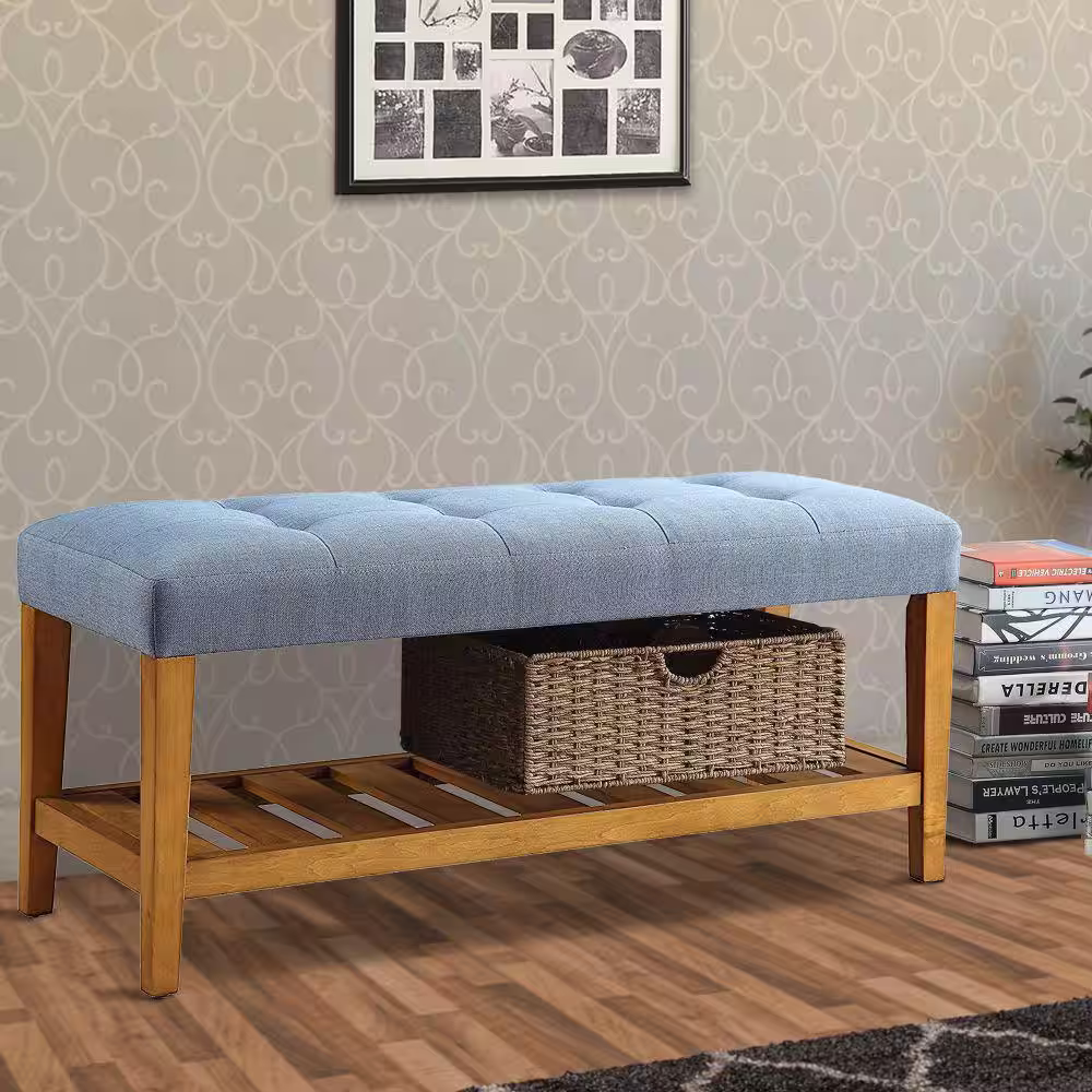 Benjara Blue and Oak Wooden Bench
