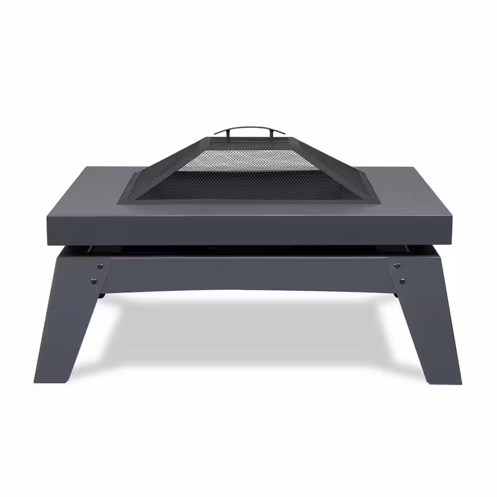 Real Flame Breton 37 in. x 20 in. Square Steel Wood-Burning Fire Pit in Gray with Spark Screen and Protective Cover