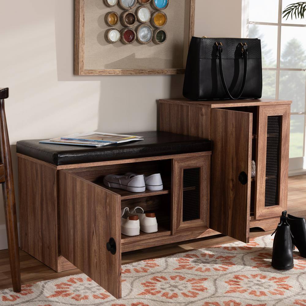 Baxton Studio Valina Wood 24.5 in. H x 48 in. W 12-Pair Dark Brown and Oak Shoe Storage Bench with Faux Leather Seating