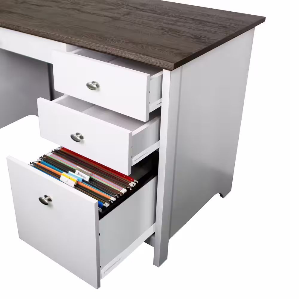 SAINT BIRCH Olivia 59.5 in. Gray Oak and White Wood 4-Drawer Writing Desk