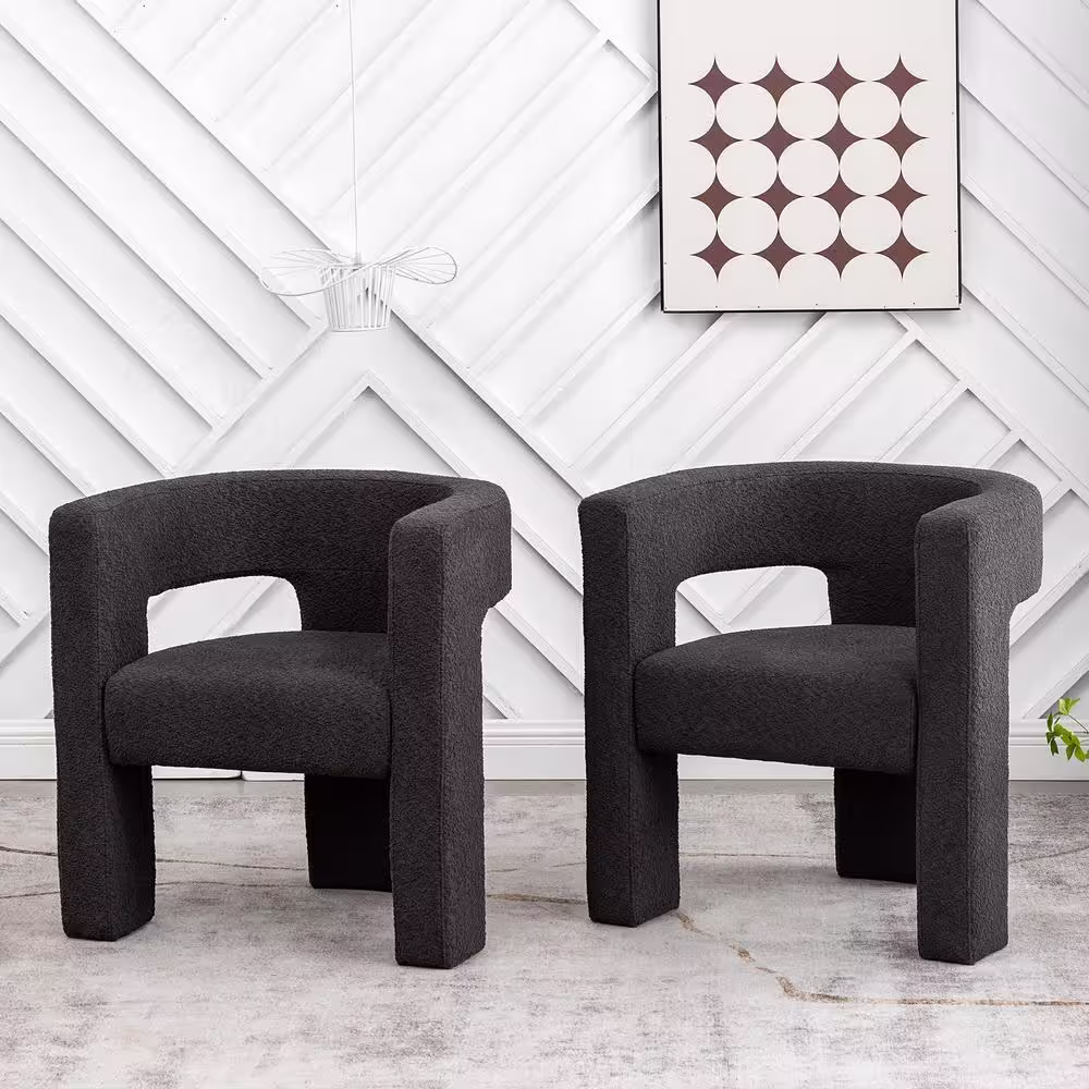 KINWELL Black 28 in. Wide Boucle Upholstered Square Armchair (Set of 2)