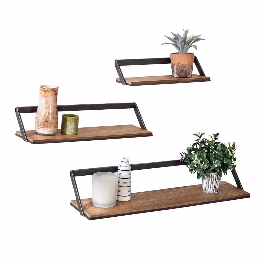 Honey-Can-Do Black/Rustic Steel Floating Wall Shelves (Set of 3)