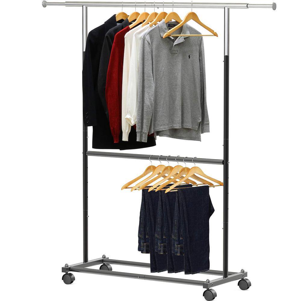 None Black Alloy Steel Garment Clothes Rack Double Rods 30.5 in. W x 64.2 in. H