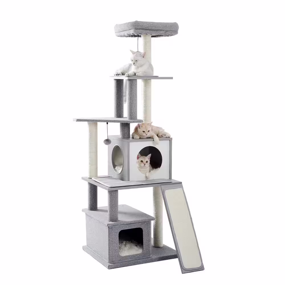 None 61.8 in. H Cat Tree Cat Tower with Condo and Capsule Nest in Gray