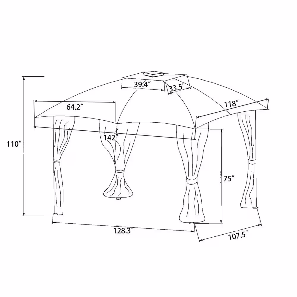 ANGELES HOME 10 ft. x 12 ft. Brown Double Vents Gazebo Patio Metal Canopy with Screen and LED Lights