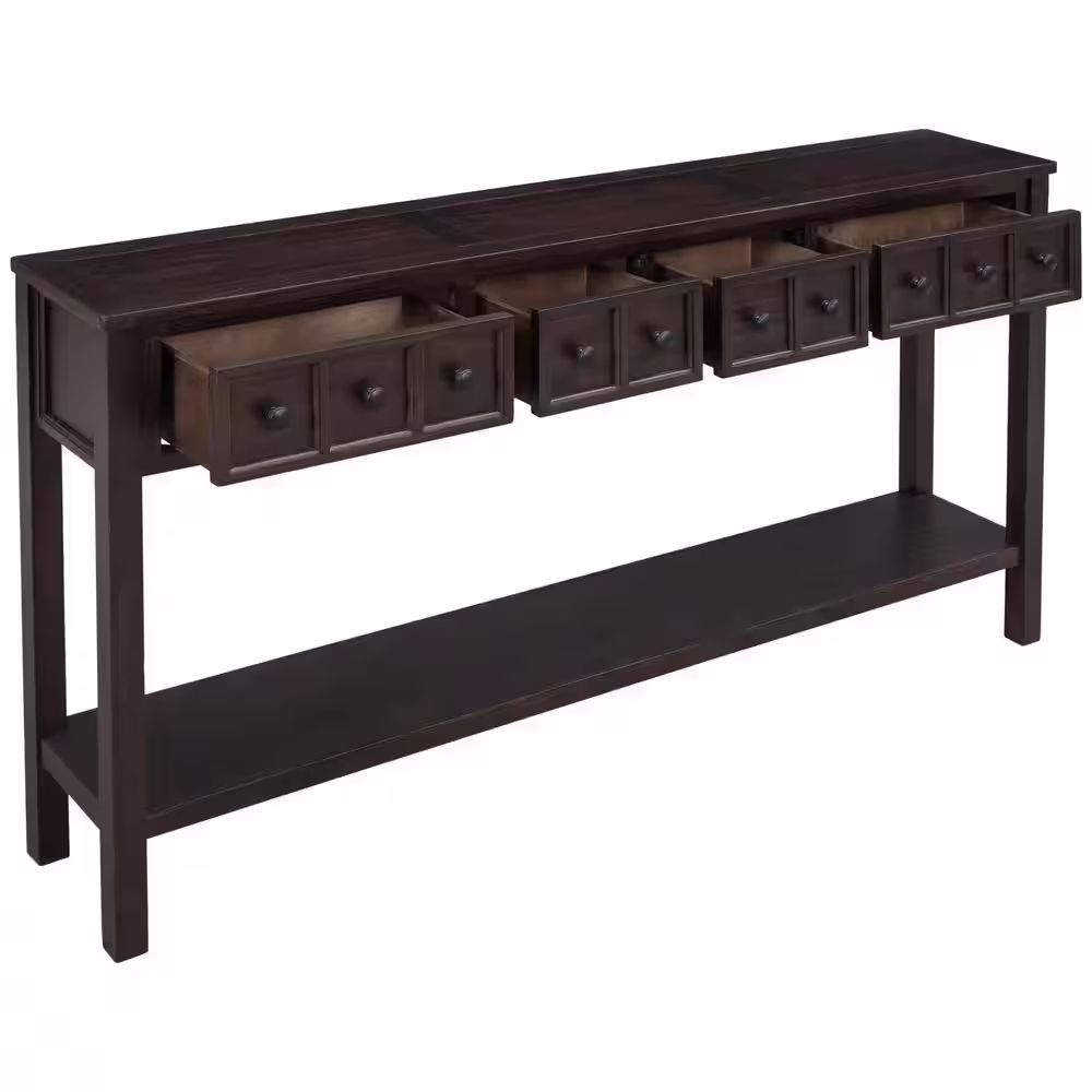 Harper & Bright Designs Rustic 60 in. Espresso Standard Rectangle Wood Console Table with 4-Drawers and Bottom Shelf