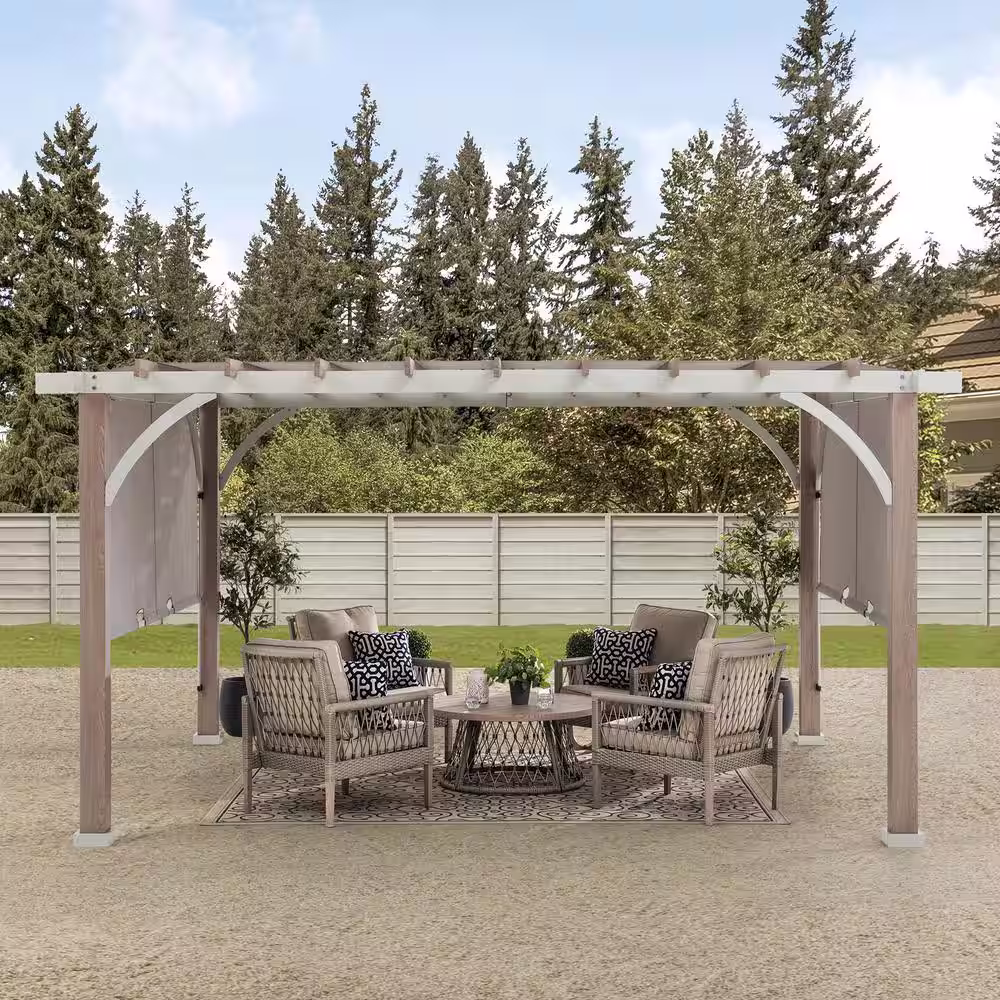 Sunjoy SummerCove Delrey 12 ft. x 14 ft. Light Gray Steel Pergola with Adjustable Canopy