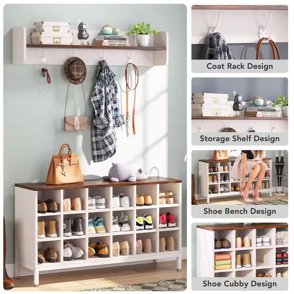 None Carmalita White and Brown Hall Tree with Shoe Cubby and Coat Rack, Shoe Rack Bench with Wall Mounted Shelf and Hooks