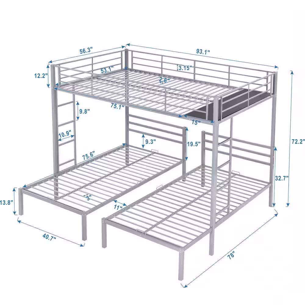 Harper & Bright Designs Silver Full over Twin and Twin Size Metal Triple Bunk Bed with Built-in Shelf