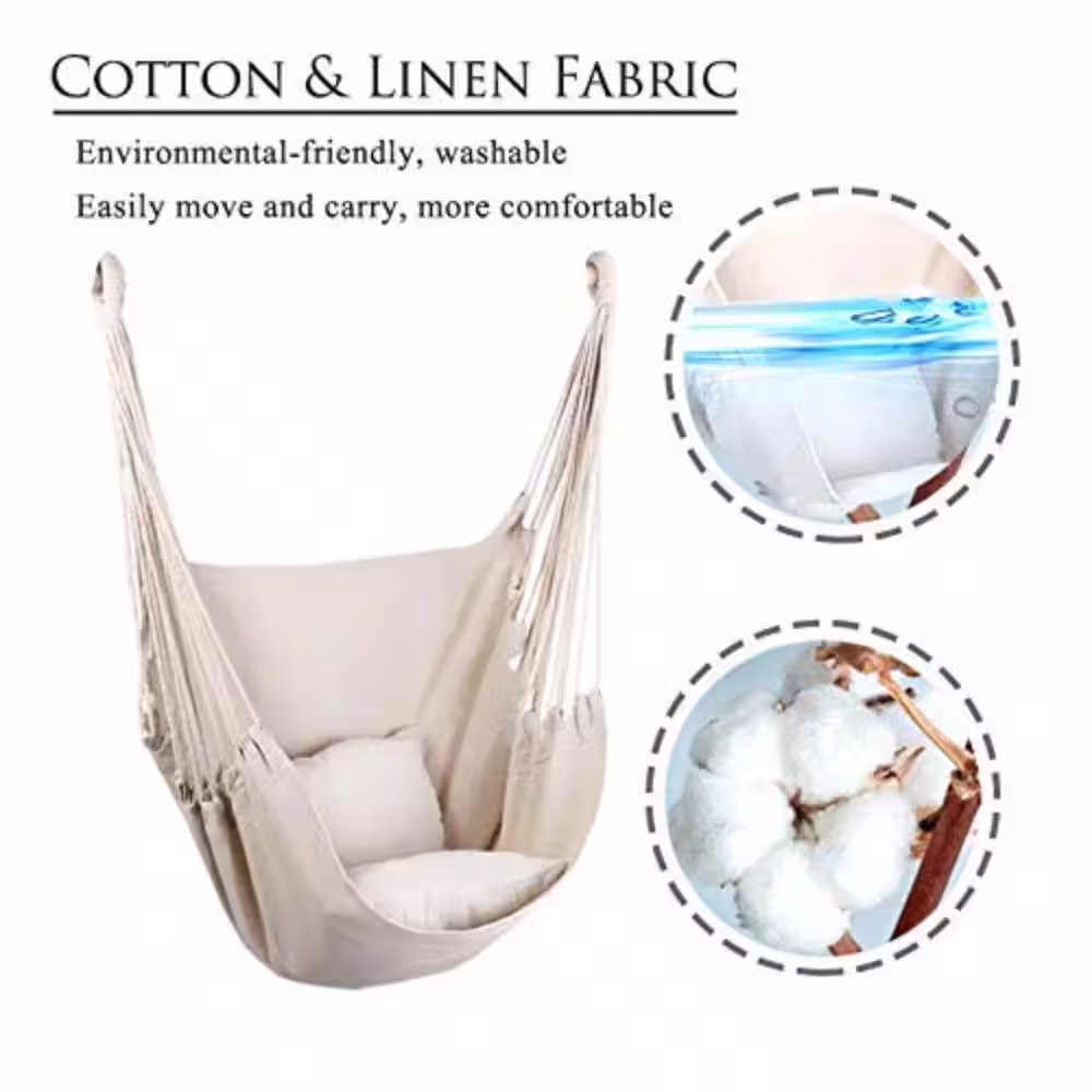 None Hammock Chair Hanging Rope Swing, Max 300 lbs. Hanging Chair with Pocket- Quality Cotton Weave (Beige)