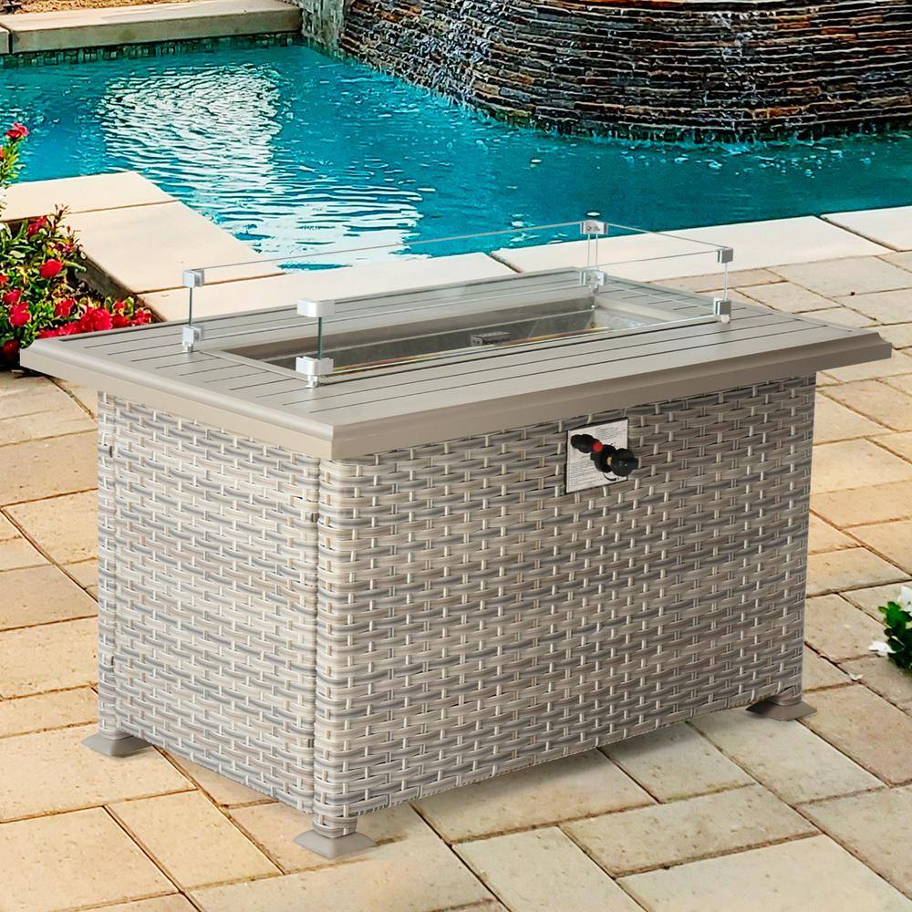 None 43.3 in. W Beige Brown Wicker Gas Fire Table Patio Propane Aluminium Rectangle Gas Fire Pit with Glass Wind Guard