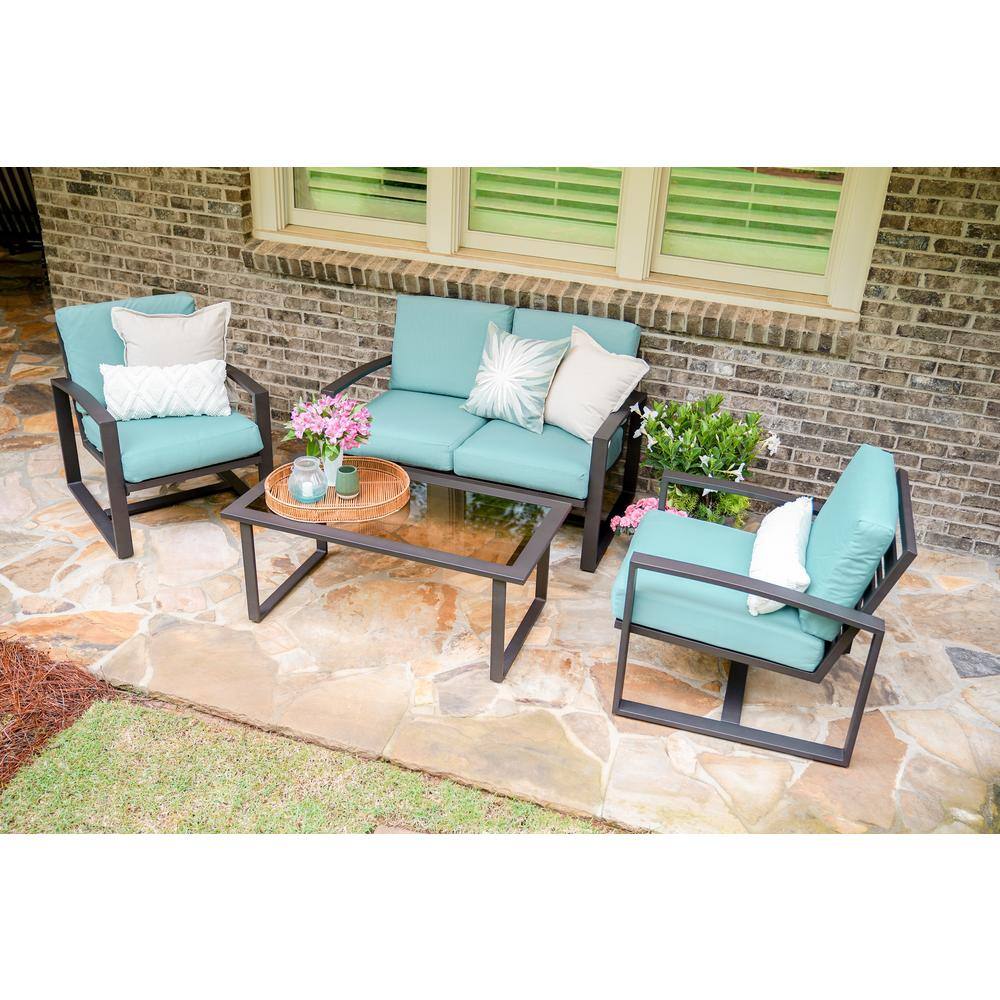 Leisure Made Jasper 4-Piece Aluminum Patio Conversation Set with Spa Blue Polyester Cushions