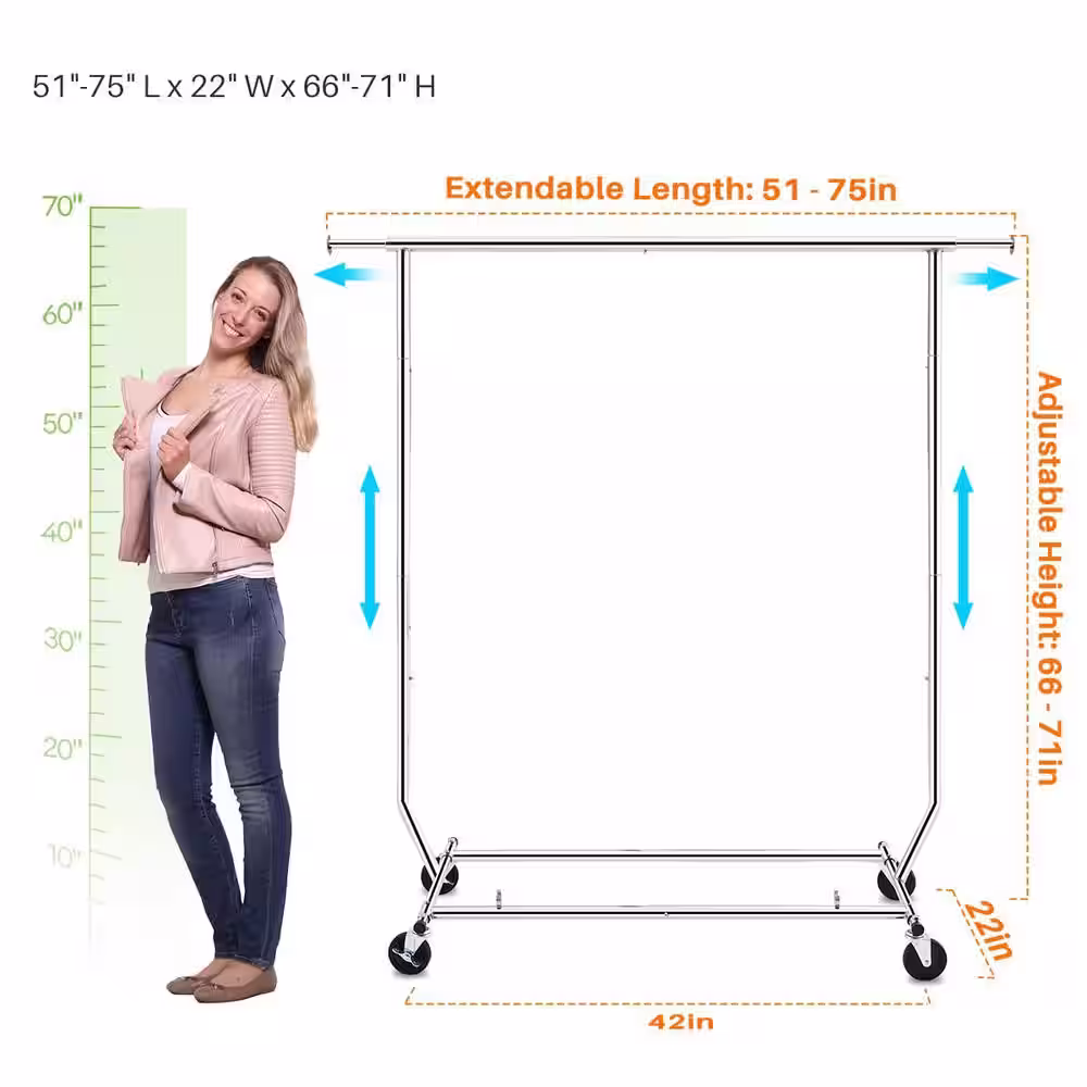 None Chrome Metal Extensible Garment Clothes Rack 42 in. W x 71 in. H