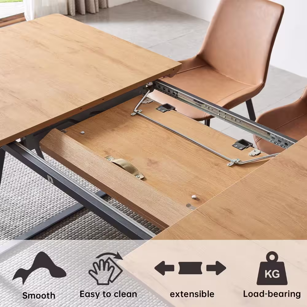 None 7-Piece Set of White Chairs and  Oak Rectangular Retractable Dining Table with Carbon Steel Legs and 6 Modern Chairs