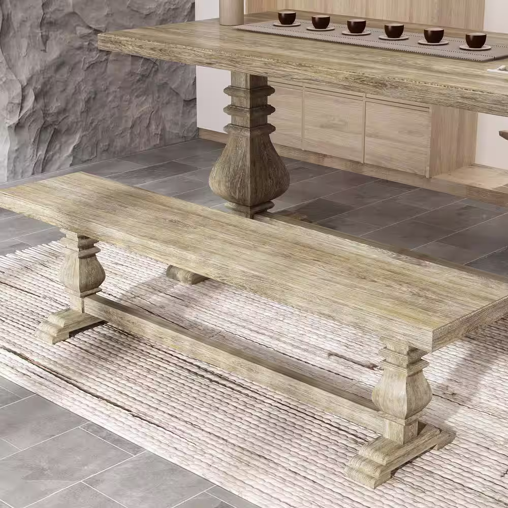 None 69.7 in. W Gray Oak Wood Double Pedestal Dining Set With Bench