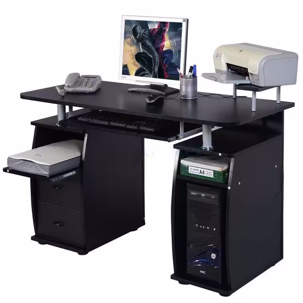 None 45 in. W Retangular Black Wood 2-Drawer Computer Desk with Shelving
