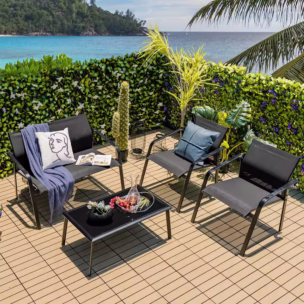 Costway 4-Piece Metal Patio Conversation Set Loveseat Sofas Armrest Glass Table Deck Black