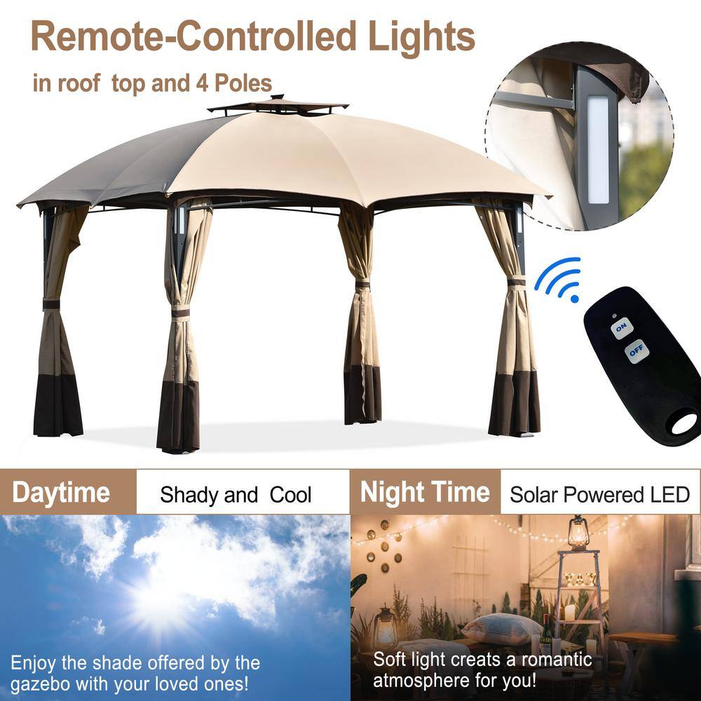 Harper & Bright Designs 10 ft. x 12 ft. Brown Double Vents Gazebo Patio with Screen and LED Lights