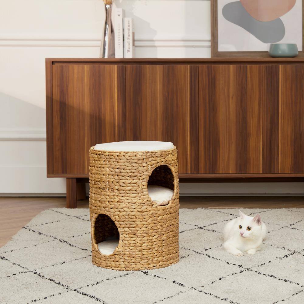 TEAMSON PETS Medium Size New Woven Rattan Natural Weaving 3-Tier Pet Bed Condo with Cushions for Cat, Washable