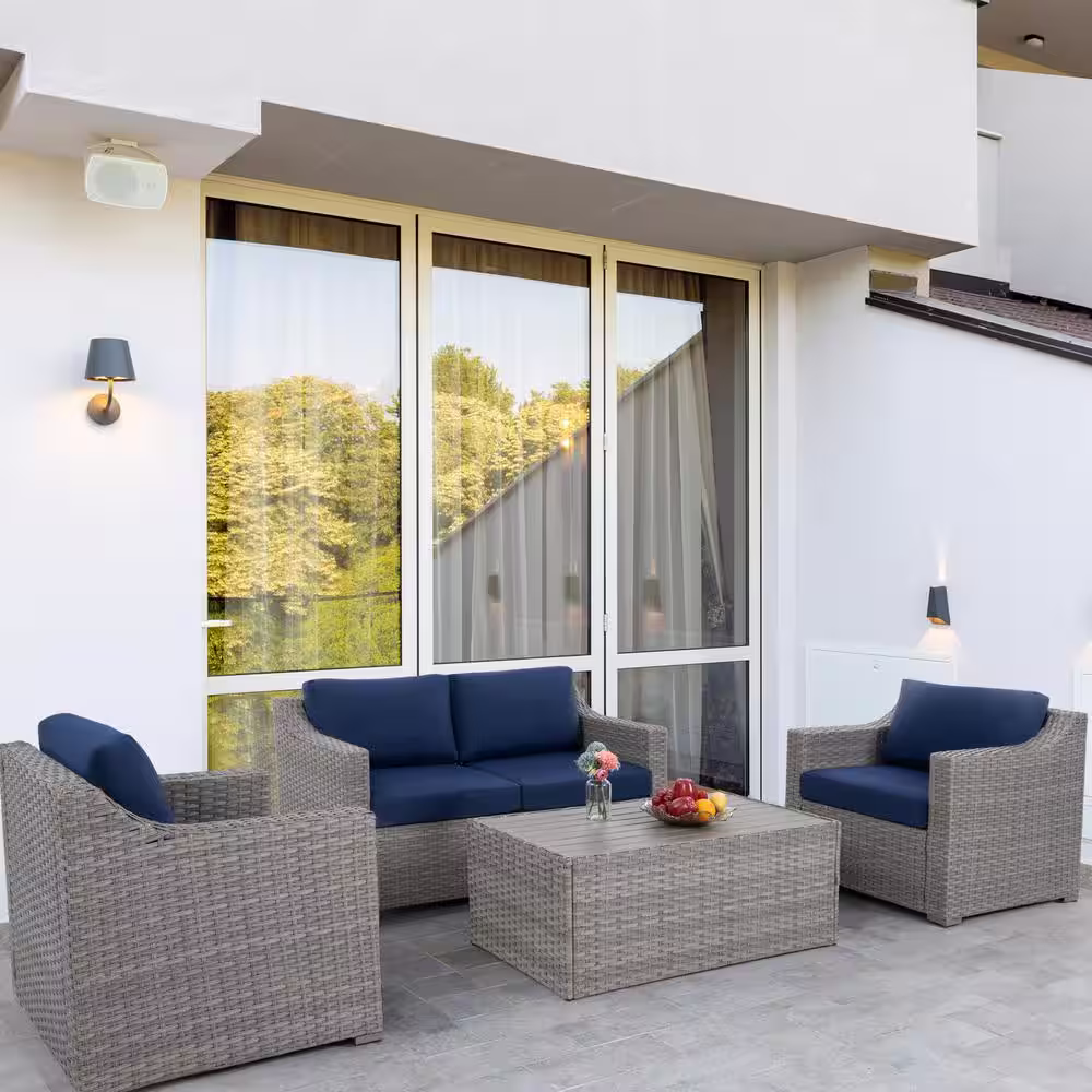 None 4-Piece Wicker Patio Conversation Set with Blue Cushions