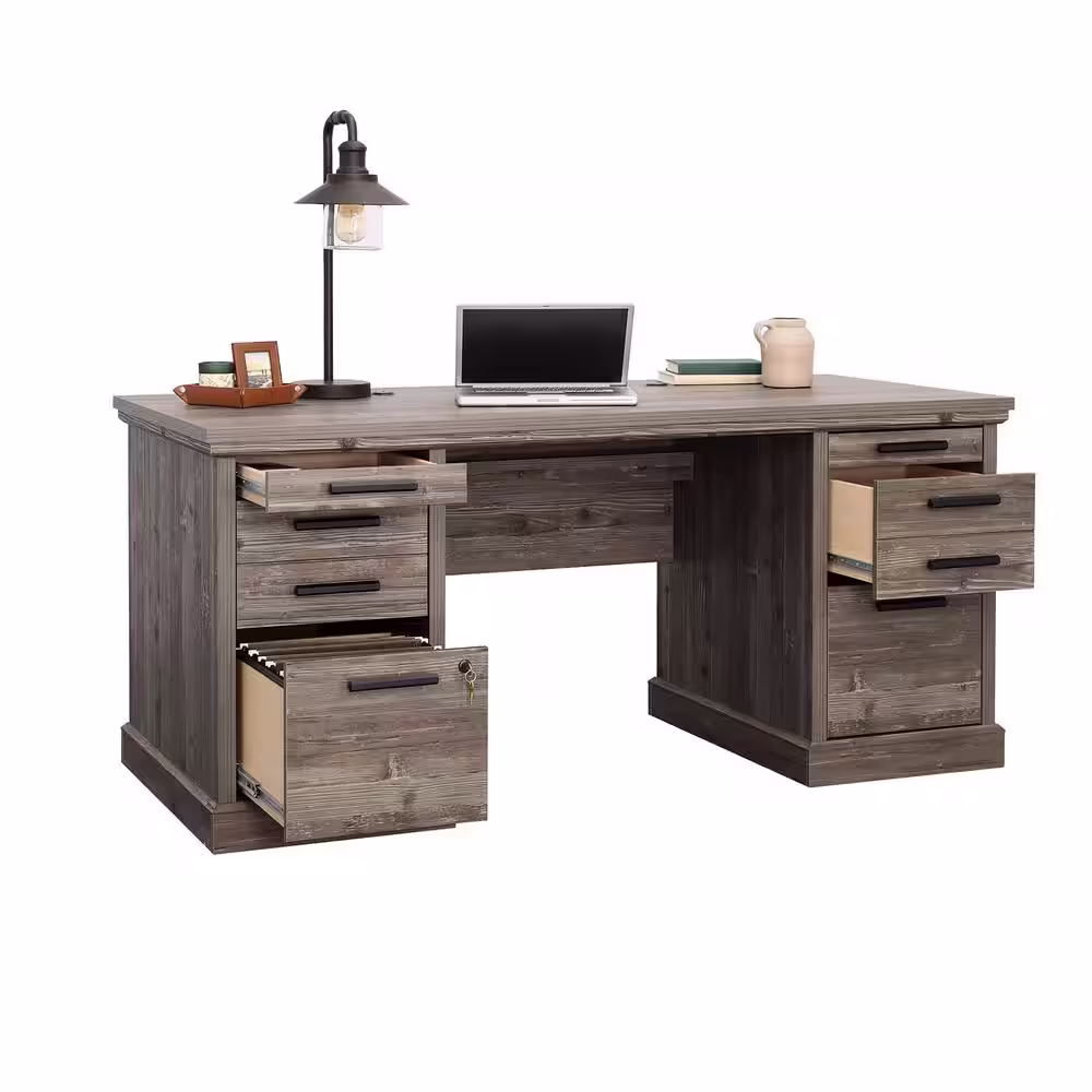 SAUDER Aspen Post 65.118 in. Pebble Pine 6-Drawer Executive Desk with Cord Management