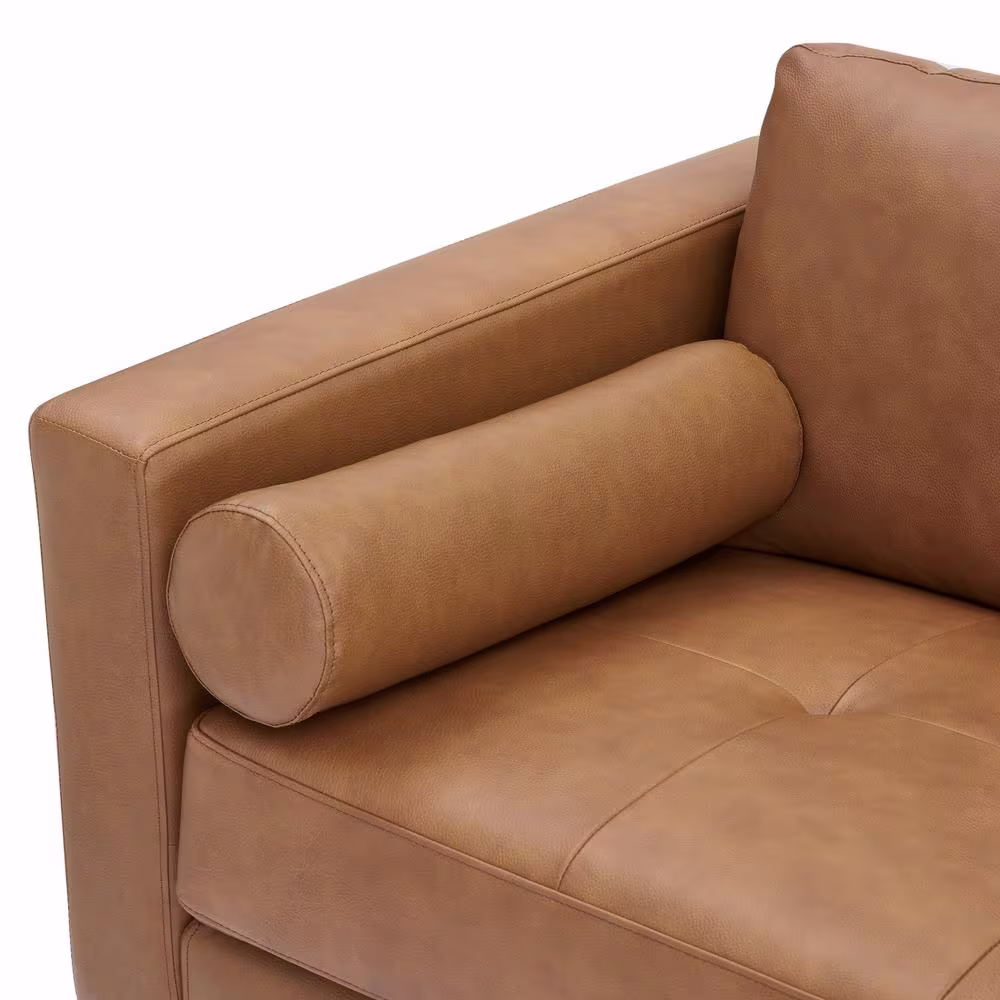 None Tan Top Grain Genuine Mid-Century Leather Loveseat, Sectional Mini Sofa, Small Sofa Bed