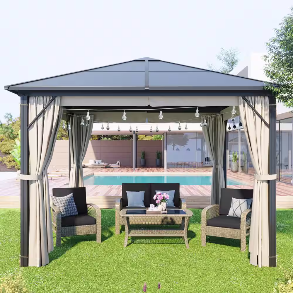 None Patio 9.8 ft. x 9.8 ft. Beige Aluminum Garden Paito Gazebo with Polycarbonate Roof