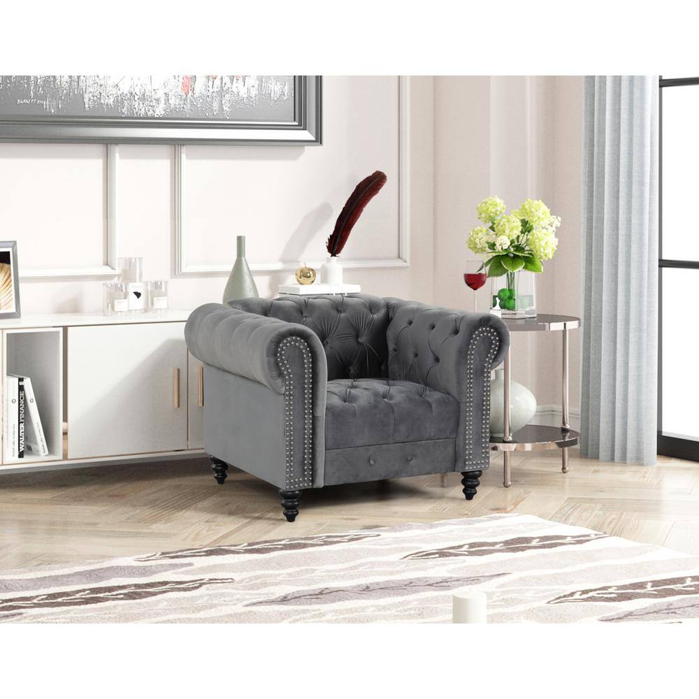 Best Master Furniture Flotilla 45 in. W Gray Round Arm Velvet Chesterfield Arm Chair