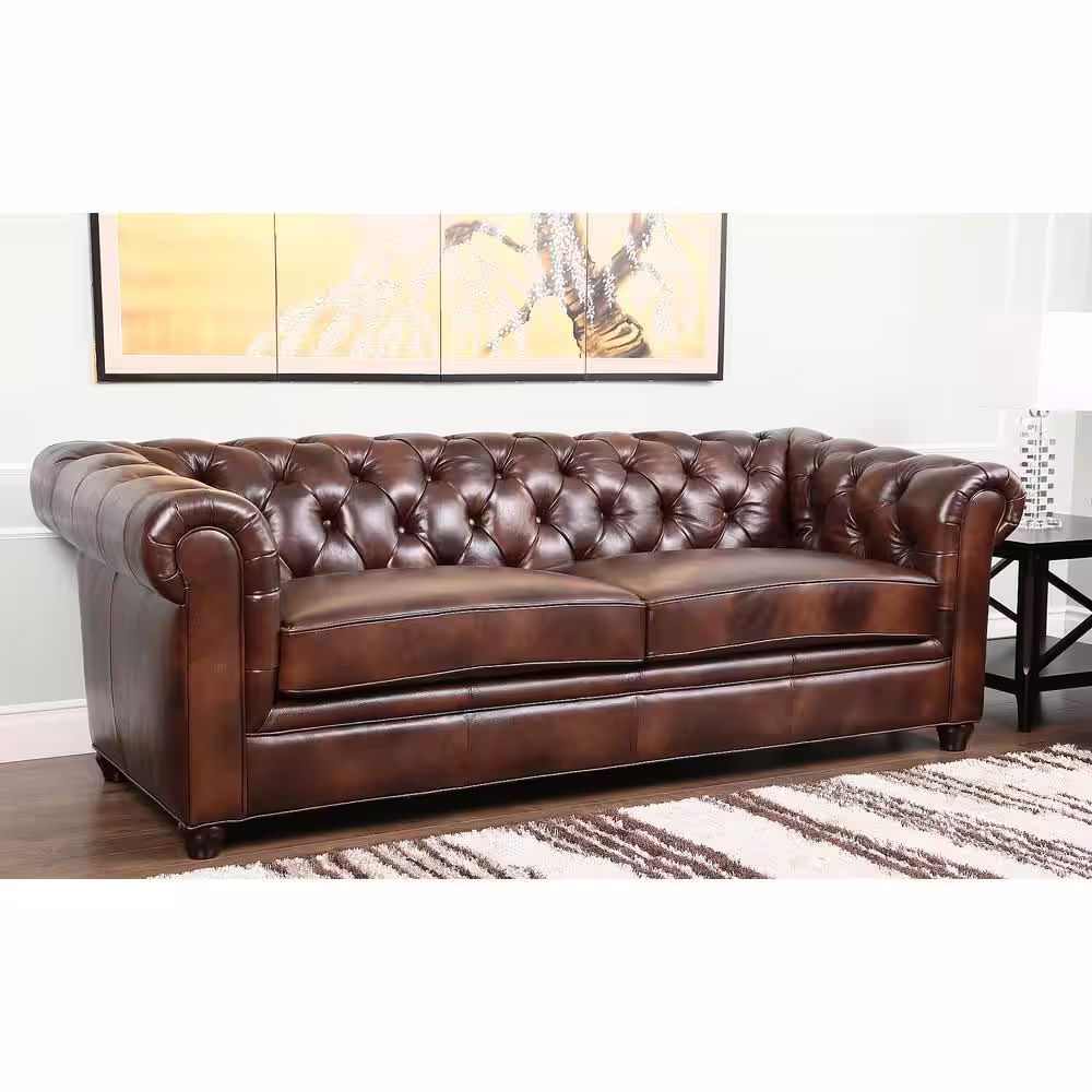 DEVONÂ &Â CLAIRE 84 in. W x 39 in. D x 30 in. H Tony Tufted Leather Sofa in Brown