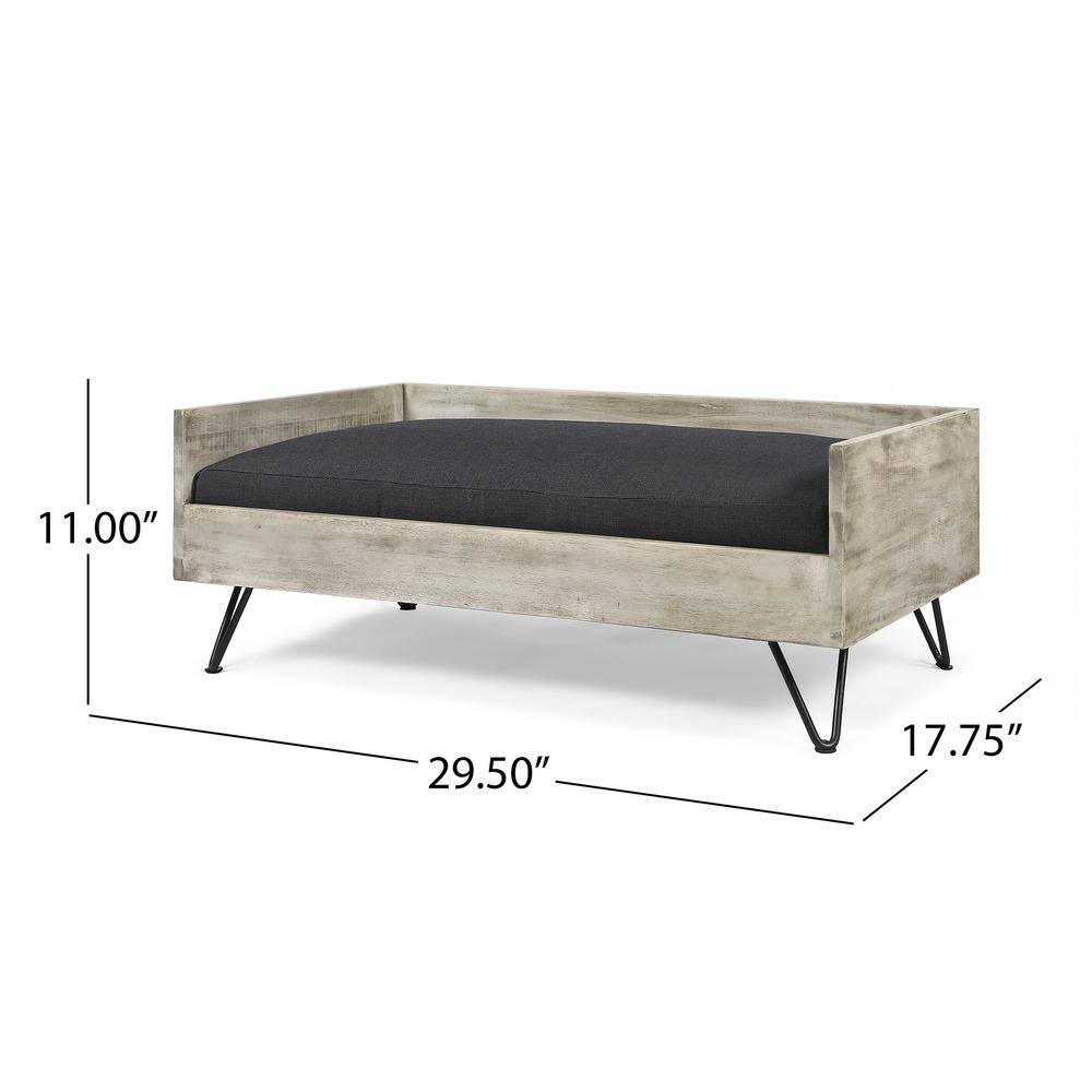 Noble House Bonneville Medium Light Grey Wash Wood Bed with Grey Cushions