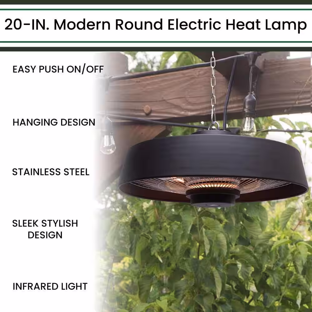 Hanover 1500W 20 in. Infrared Halogen Steel Round Electric Hanging Heat Lamp with Remote Control, Powerful Heating 52 Sq. Ft.