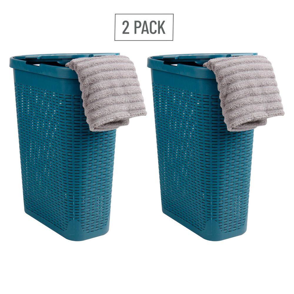 Mind Reader Basket Blue Slim Laundry Hamper 40 Liter (15kg/33lbs) Capacity Attached Hinged Lid Set of 2