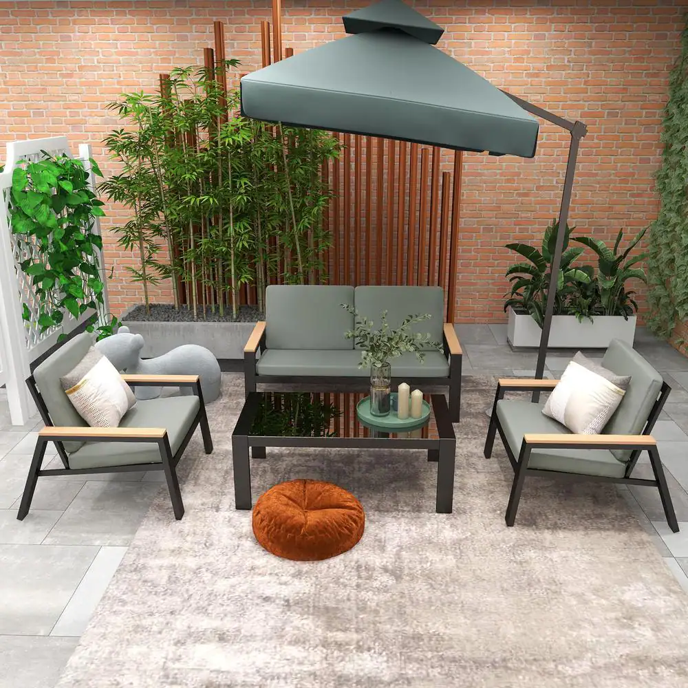 Uixe Black 4-Piece Aluminum Outdoors Patio Conversation Sectional Seating Set with Gray Cushions