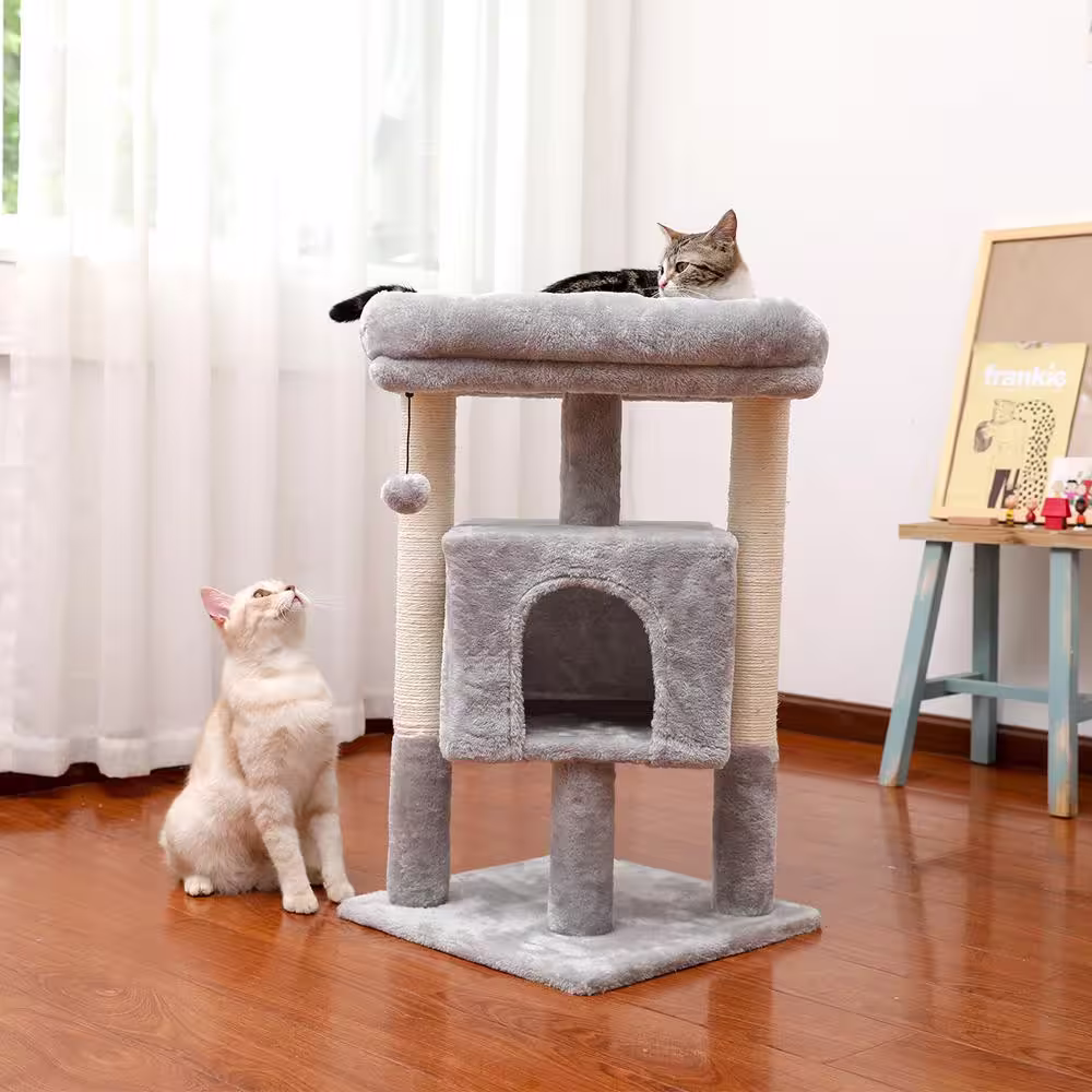Foobrues 28.40 in. H Pet Cat Scratching Posts and Trees Cat Bed with Condos and Replaceable Dangling Balls in Gray