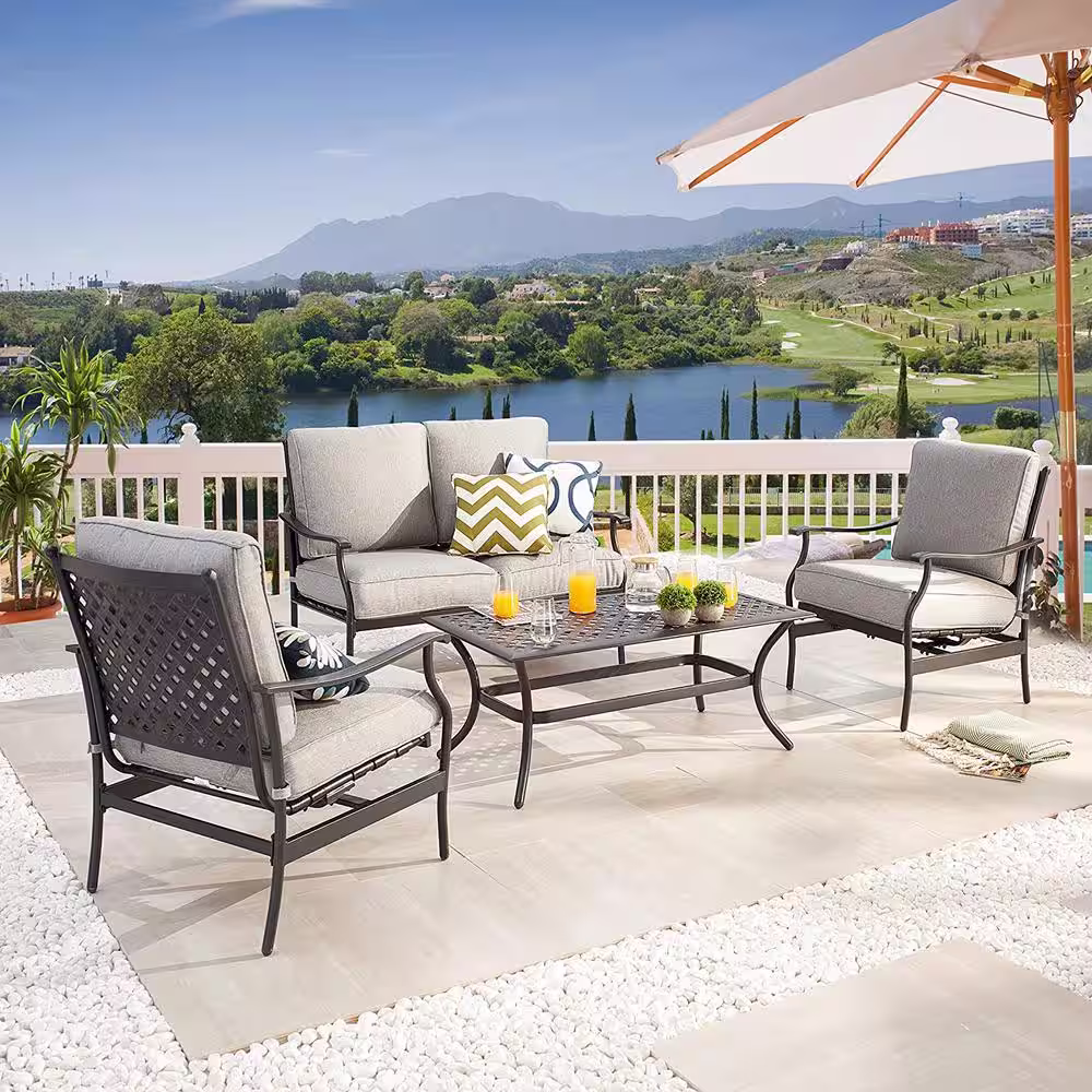 TOP HOME SPACE 4-Piece Metal Patio Conversation Set with Grey Cushions