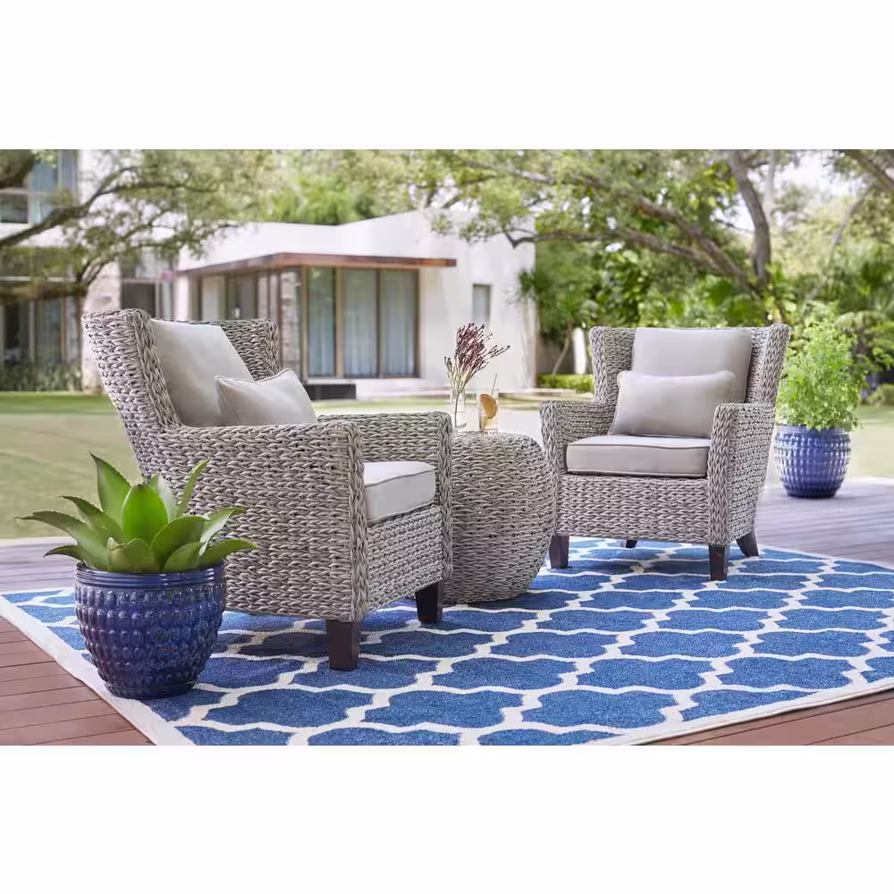 Hampton Bay Megan Gray 3-Piece Wicker Patio Chat Set with Gray Cushion