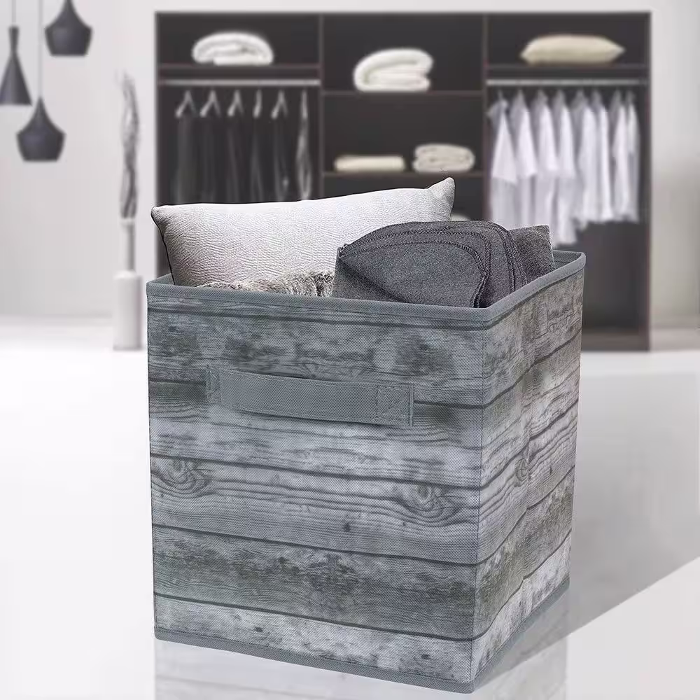 Sorbus 11 in. H x 10.5 in. W x 11 in. D Gray Rustic Wood Grain Print Foldable Cube Storage Bin (4-Pack)