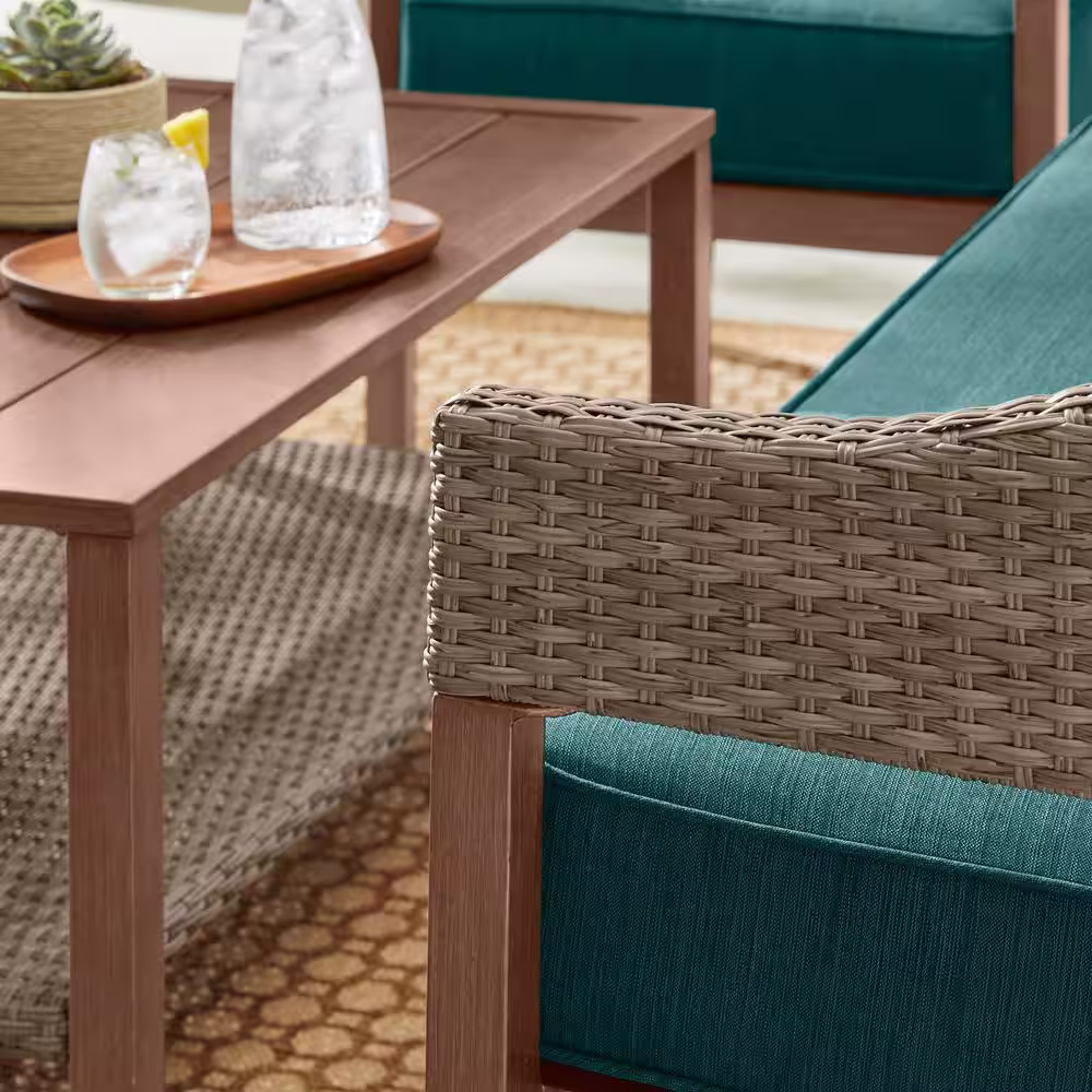 Hampton Bay Leighton Park 4-Piece Wicker Patio Conversation Set with CushionGuard Malachite Green Cushions