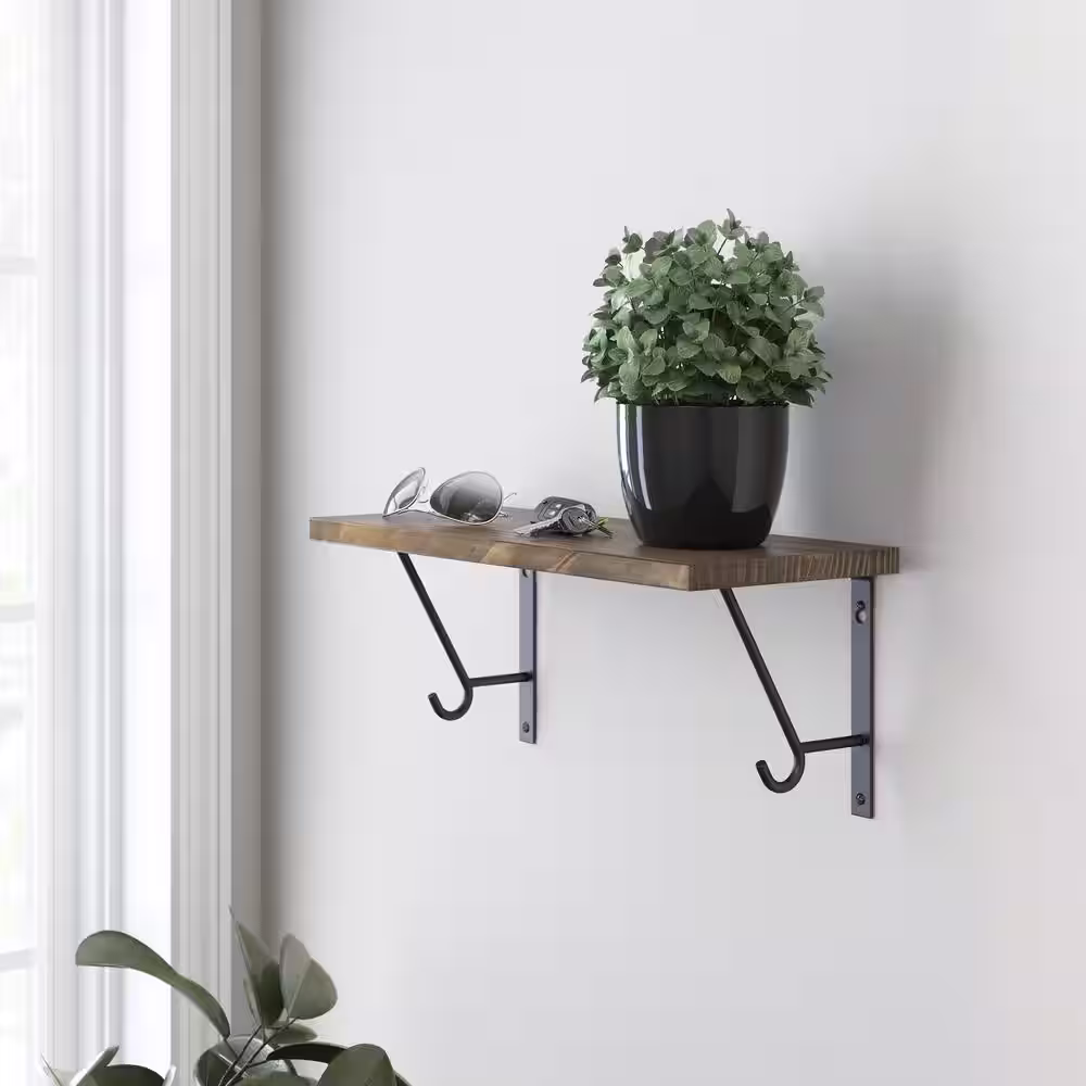 Liberty 7 in. Matte Black Steel Decorative Shelf Bracket with Hook (2-Pack)