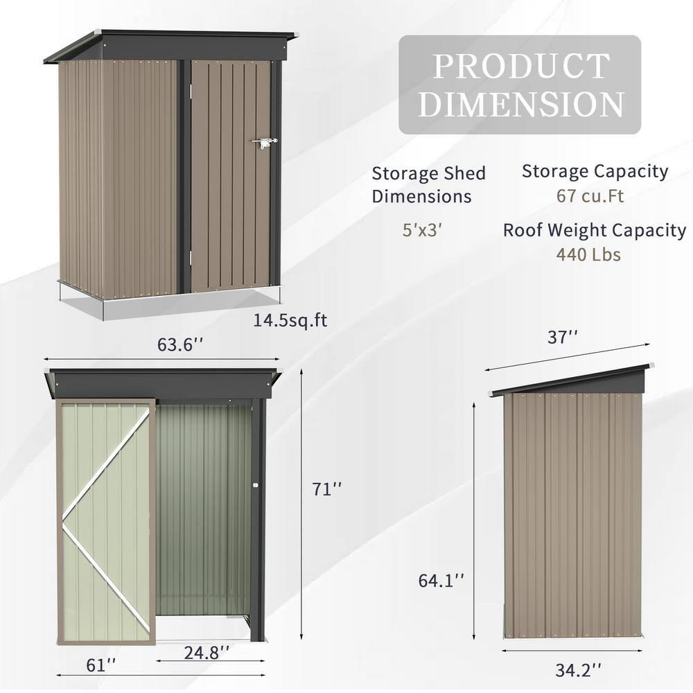 Patiowell 5 ft. W x 3 ft. D Outdoor Storage Brown Metal Shed with Sloping Roof and Lockable Door (14.5 sq. ft.)