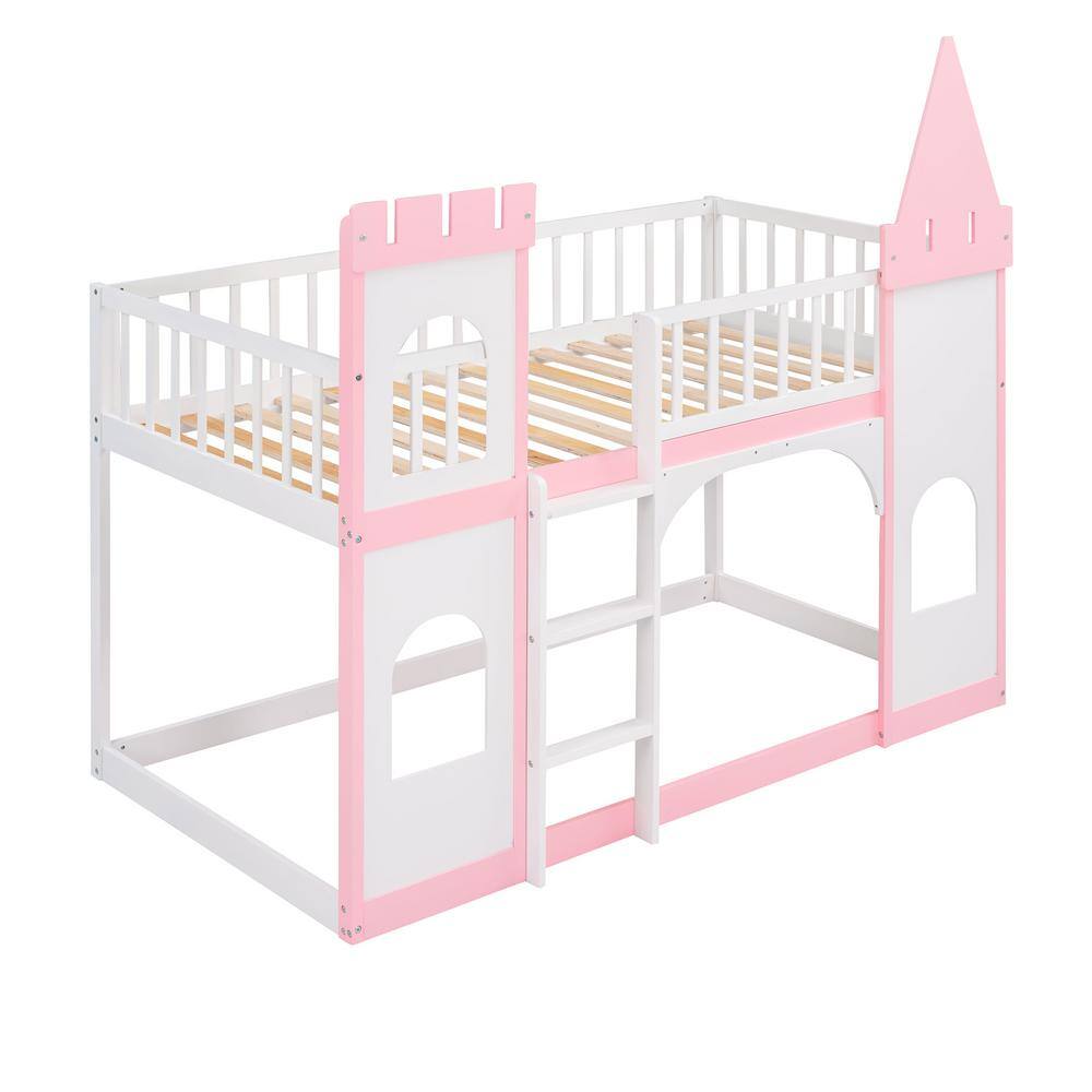 Harper & Bright Designs Pink Twin over Twin Castle Bunk Bed with Ladder