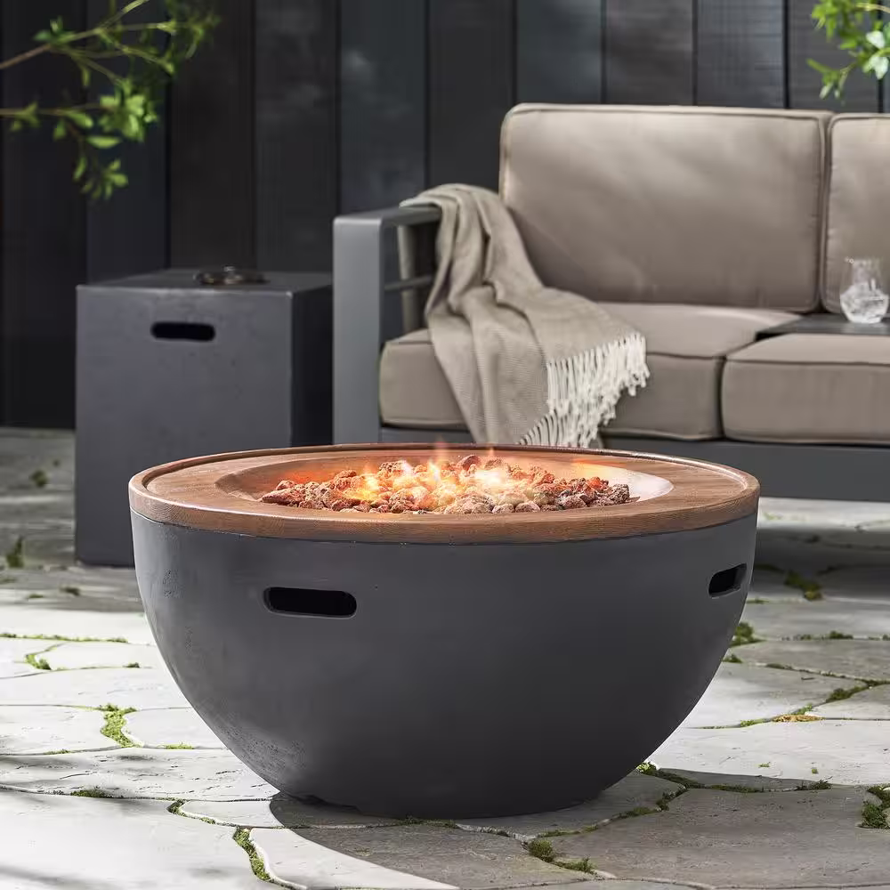 Noble House Gebo Dark Gray Bowl Stone Fire Pit with Tank Holder