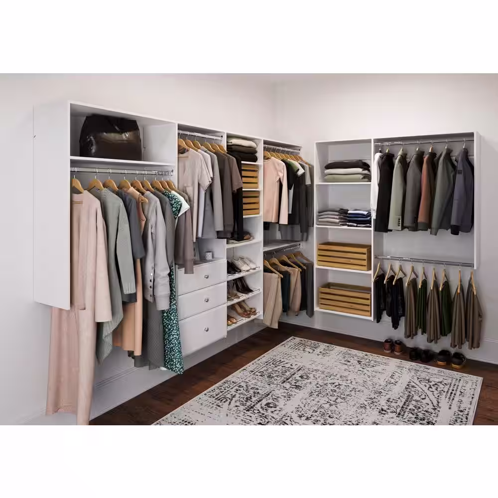Closet Evolution 96 in. W - 120 in. W White L-Shaped Wood Closet System