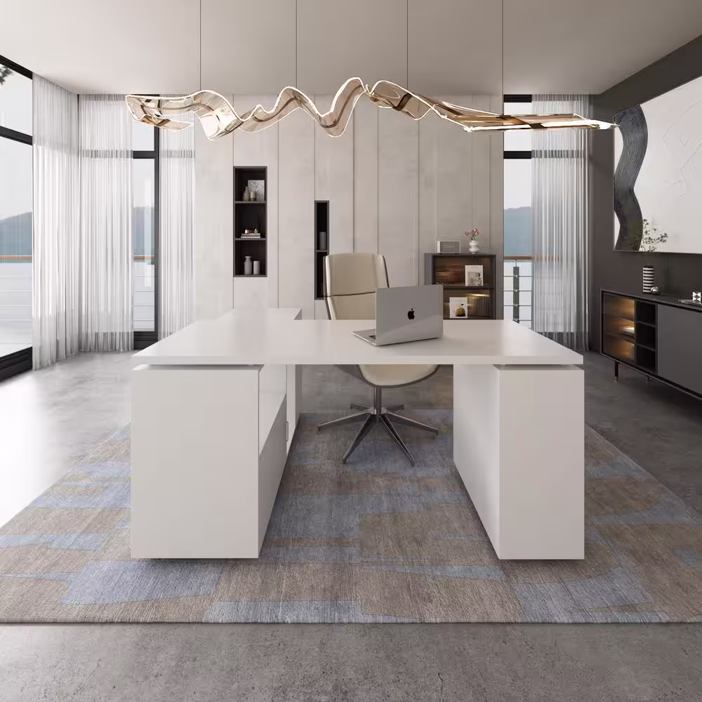 None 59 in. L-Shaped White Wood Home Office Writing Desk With Reversible Hutch Cabinet, Workstation With Drawers and Shelves