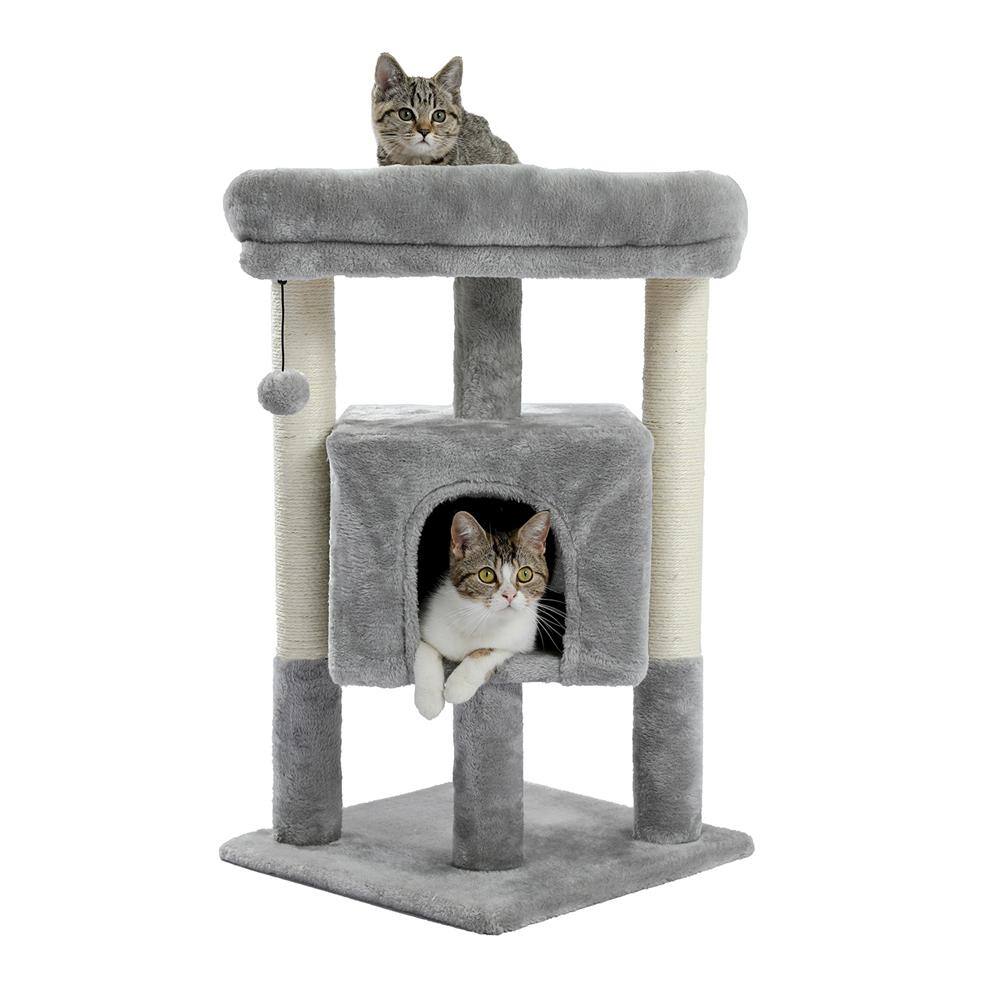 Foobrues 28.40 in. H Pet Cat Scratching Posts and Trees Cat Bed with Condos and Replaceable Dangling Balls in Gray