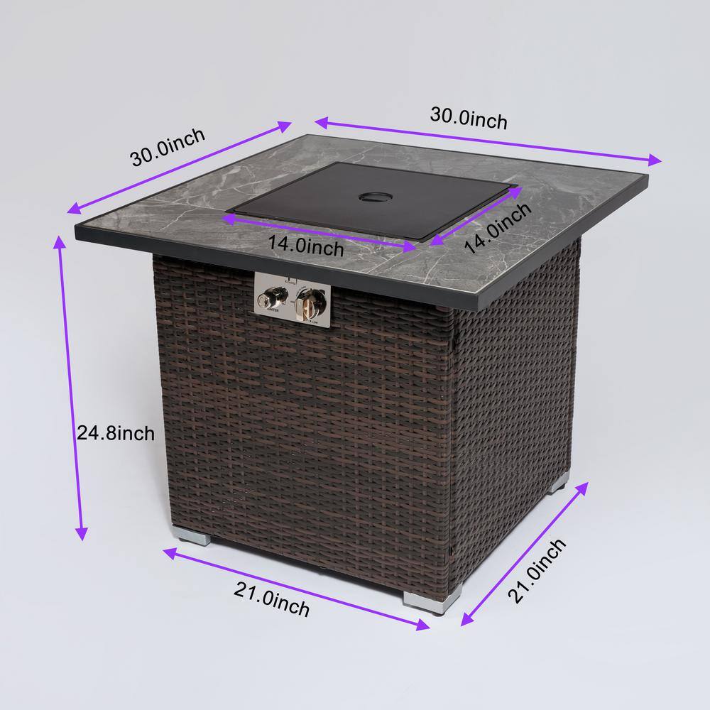 None Dark Brown Square Wicker Outdoor Fire Pit Table with Glass Rocks, 40000 BTU